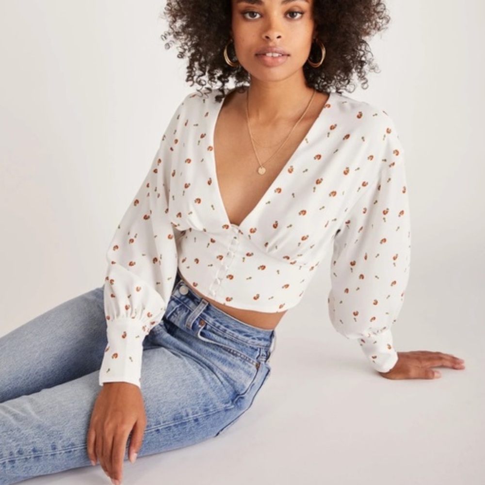 Backyard Roses White Floral Button Front Top